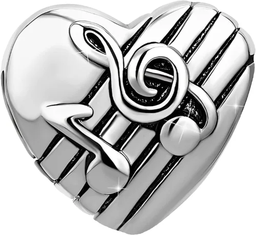 Vista 3 de KunBead Dijes de cuentas de corazón de plata con nota musical musical, compatibles con pulseras Pandora, regalos de joyería de cumpleaños