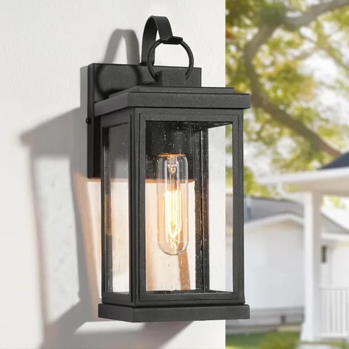 Vista 14 de Luces de pared negras para exteriores, moderna linterna de pared exterior de granja con pantalla de vidrio esmerilado, luces cuadradas resistentes a