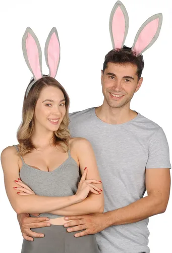 Vista 4 de Funcredible Diadema de orejas de conejo gris de Pascua, orejas de conejo flexibles para adultos, accesorios de conejo de terciopelo suave