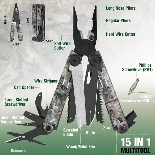 Vista 3 de FLISSA Multiherramienta, cuchillo de bolsillo multiherramienta 15 en 1 con funda, alicates multiherramienta EDC de acero inoxidable para hombres