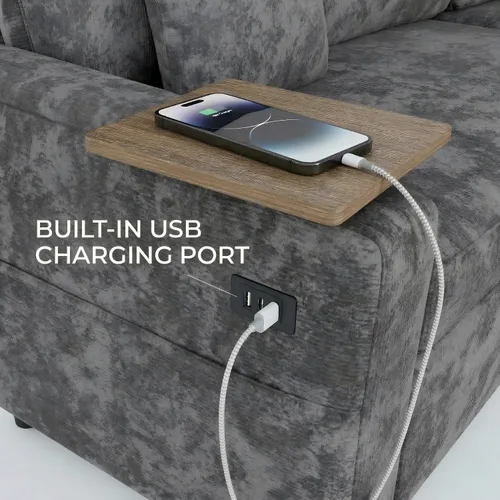Vista 4 de Sofá modular de 81 pulgadas, sofá cama de 5 plazas en forma de L con cama extraíble, almacenamiento oculto, portavasos y puertos de carga USB, sofás