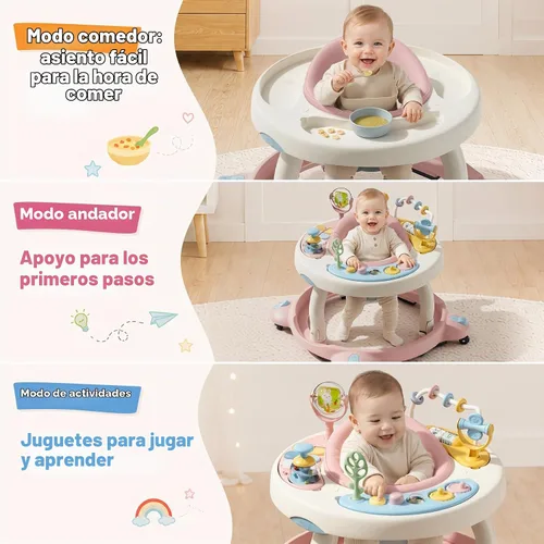 Vista 2 de Andador de bebé con ruedas, andador plegable para bebés de 6 a 12 meses, asiento giratorio de 3 posiciones con centro de actividad interactivo Rosa