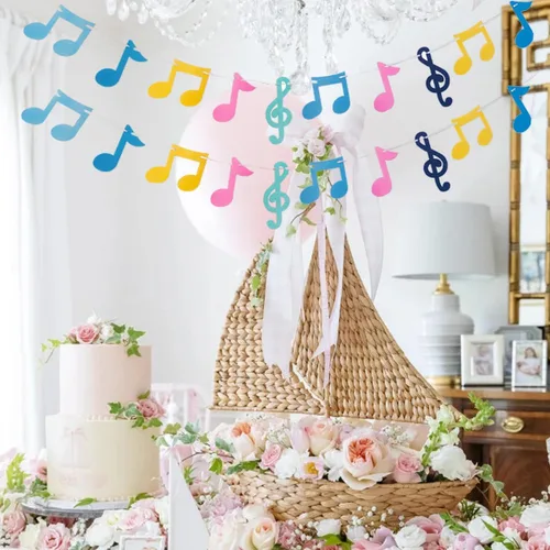 Vista 7 de 3 filas de notas musicales pancartas coloridas notas musicales guirnalda de fiesta temática de música decoración para Rock Roll cumpleaños, baby