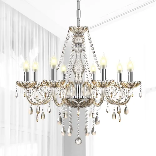 Vista 12 de Ridgeyard Candelabro transparente de 4 brazos con forma de gota de lluvia de cristal, lámpara de techo empotrada para comedor, sala de estar