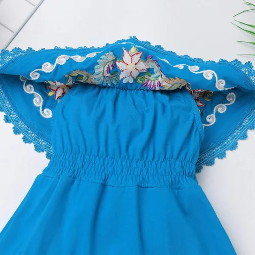 Vista 4 de FYMNSI Vestido mexicano para niñas pequeñas con bordado floral étnico mexicano, vestidos casuales con volantes, vestido de verano para vacaciones
