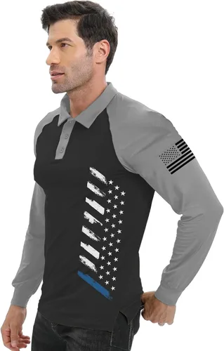 Vista 4 de H HYFOL Polo de manga larga para hombre, diseño gráfico elástico, casual, patriótico, raglán, golf, polos para hombres