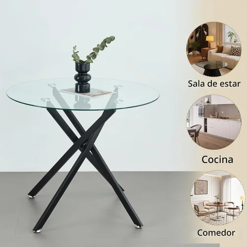 Vista 4 de HomVent Juego de mesa de comedor redonda de vidrio de 3 piezas para 2 con 2 Mesa negra con 2 sillas grises de PU