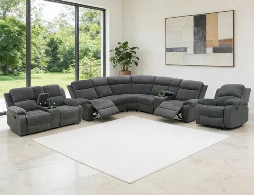 Vista 34 de Juego de sofá seccional reclinable manual, juegos de muebles de sala de estar, sofá seccional en forma de L y 2 sillas, cómodo sofá reclinable