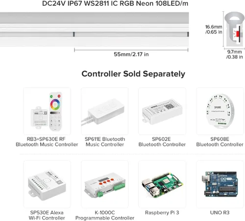 Vista 6 de SEZO Tira de luces LED de neón que emiten lateralmente direccionables WS2811 IC RGB color de persecución 3M DC24V 108LEDs/m IP67 Cuerda de neón