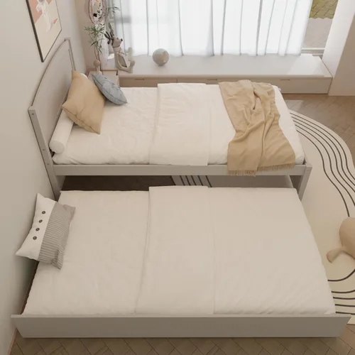 Vista 6 de Xilingol - Cama nido individual, marcos de cama de madera maciza con cabecero y soporte de listones de madera, marco de cama nido individual Gris