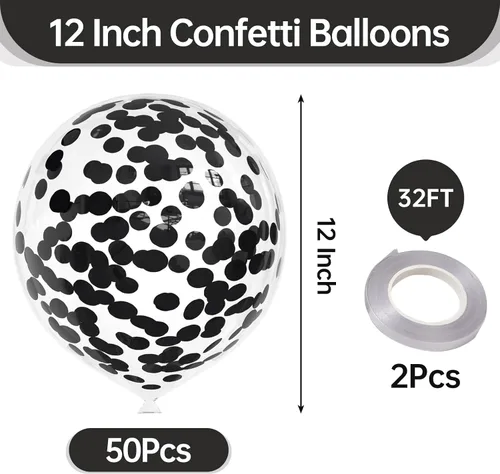 Vista 2 de 50 globos de confeti de aluminio negro, globos de látex de 12 pulgadas con confeti negro en el interior para cumpleaños, fiesta familiar, boda
