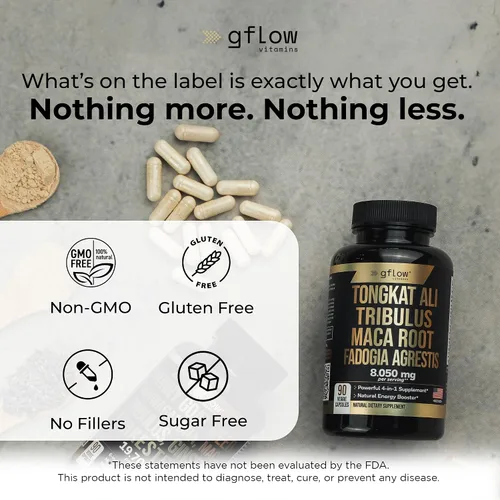 Vista 8 de gflow vitamins Tongkat Ali para hombres y mujeres, fórmula extra fuerte con Fadogia Agrestis y Tribulus con raíz de maca, resistencia, vitalidad