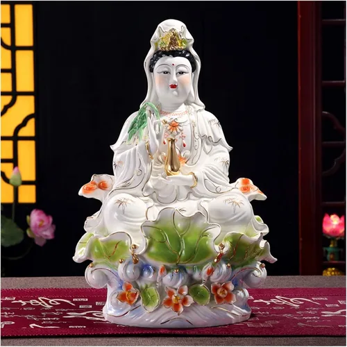 Vista 4 de Estatua de Guan Yin Estatua de Buda budista Estatua de Guanyin Artesanía de cerámica de porcelana a todo color sentado loto Guanyin Estatua de Buda