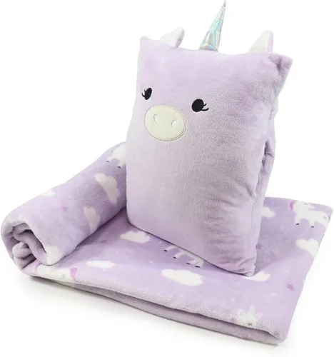 Vista 12 de Juego de almohada y cobija de viaje 3 en 1 para niños - 102x152cm, almohada de felpa con calentador de manos, cobija con diseño de dinosaurio