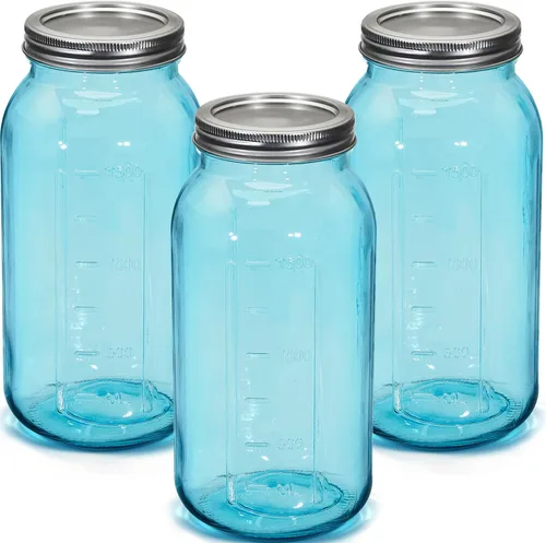 Vista 11 de Norme Juego de 3 tarros de vidrio de 64 onzas, tarros de conservas de vidrio en relieve, recipiente de fermentación de medio galón con tapas Ámbar