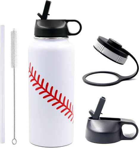 Vista 10 de Botella de agua de béisbol de 18 onzas, botella deportiva de boca ancha, vaso de viaje de metal con 2 tapas, botellas de agua aisladas al vacío