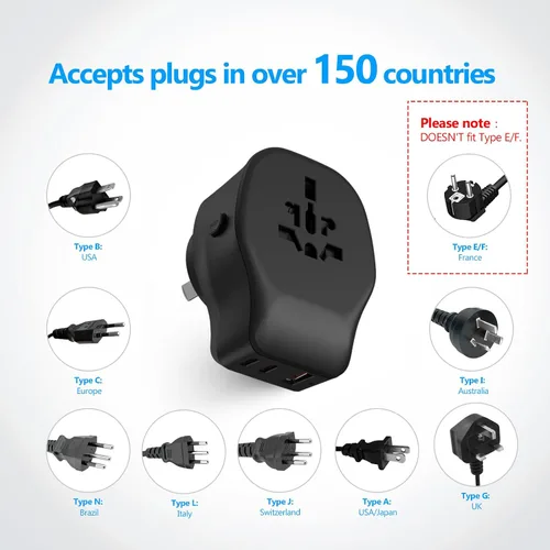 Vista 2 de JSVER Juego de adaptadores de viaje internacional con 3 puertos USB, 1 enchufe de CA, incluye accesorios desmontables tipo B, I, G, E/F para usar