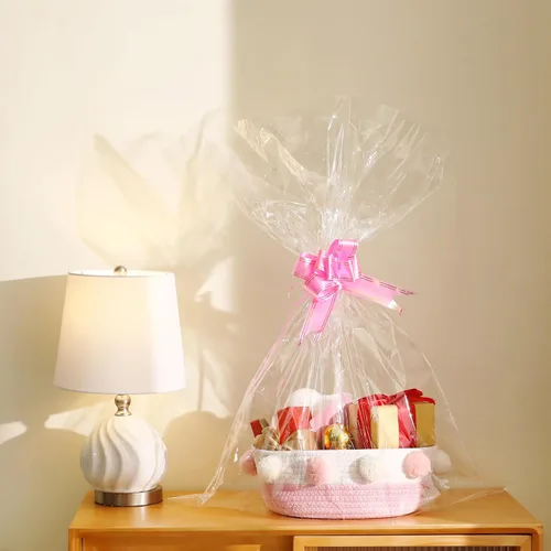 Vista 2 de Cesta de regalo vacía para llenar con bolsa, lazo para tirar, tarjeta de felicitación y cinta para mujeres bebés, cesta de regalo rosa para baby