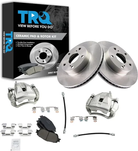 Vista 50 de TRQ Juego de pastillas de freno delanteras y rotores de cerámica, pinzas, mangueras, compatibles con Honda Odyssey 2005-2010
