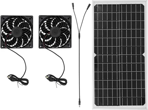 Vista 2 de Solar Exhaust Fan Kit with 16W Solar Panel 2 High Speed Brushless DC Fan Solar Powered Vent Fan for Greenhouse Chicken Coop Attic Barn Shed Solar