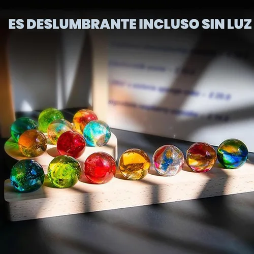 Vista 7 de Bola de cristal con base de luces LED de madera, luz nocturna de cristal colorida, 7 bolas de cristal, luces USB decorativas, mesa USB, lámpara