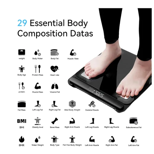 Vista 5 de Báscula de composición corporal, báscula digital inteligente que mide IMC, grasa corporal, masa muscular, tecnología de 8 electrodos, 400 libras