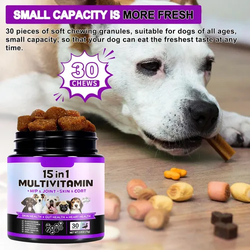 Vista 4 de Multivitamínico masticable para perros, vitaminas y suplementos diarios para perros, suplemento diario completo 15 en 1 con glucosamina