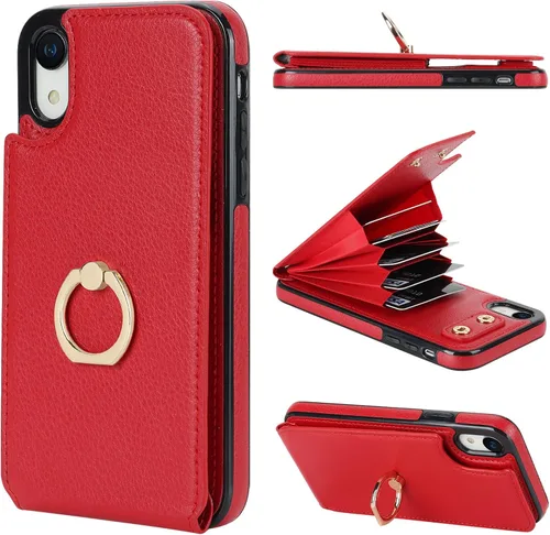 Vista 8 de Folosu Funda compatible con iPhone XR con soporte para tarjetas, rotación de 360°, soporte de anillo de dedo con función atril, bloqueo RFID, piel