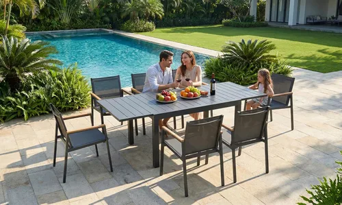 Vista 4 de Mesa de comedor expandible de aluminio para patio al aire libre para 4-8 personas, mesa rectangular para todo tipo de clima (48"-79") con rieles