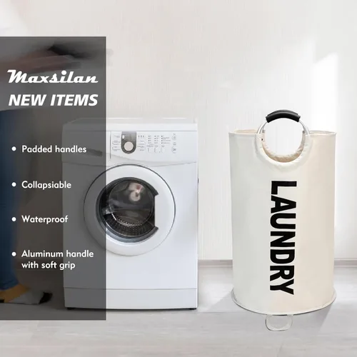 Vista 2 de Maxsilan - Cesta de lavandería grande de 90 L, cesta de ropa alta independiente, bolsa de lavandería plegable, color beige