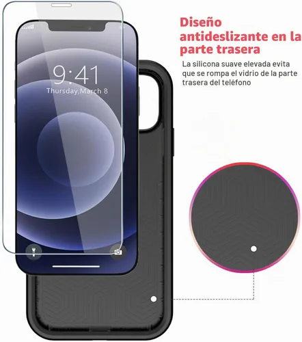 Vista 6 de Diverbox - Funda para iPhone 12 a prueba de golpes y caídas, protector de pantalla de vidrio templado, funda protectora de alta resistencia