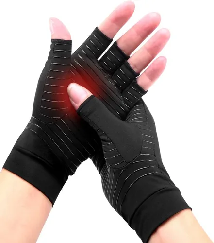 Vista 7 de Guantes de cobre para artritis para mujeres y hombres, sin dedos, transpirables y absorben la humedad, guantes de compresión para escribir