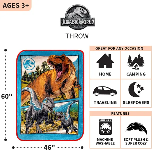 Vista 4 de Jurassic World Dominion Blue Velociraptor and Rexy T-Rex - Manta de felpa súper suave de micro Raschel, 46 x 60 pulgadas, ropa de cama de Franco Kids