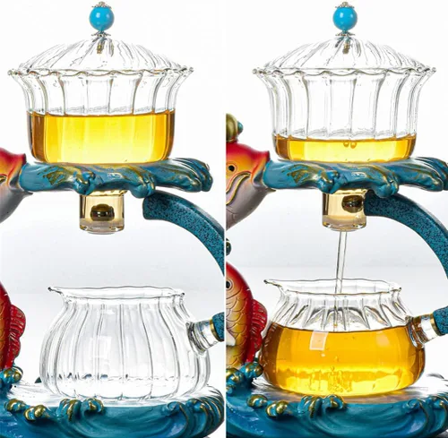 Vista 4 de Juego de té semiautomático creativo de cristal, juego de tazas de té Lazy Kung Fu resistente al calor, tetera de tetera (tetera de pescado)