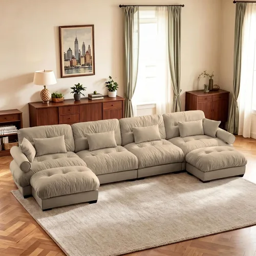 Vista 17 de Sofá biplaza de 93.7 pulgadas, sofá modular de 2 plazas, sofás seccionales grandes de color beige y blanco para sala de estar, juego de sofá