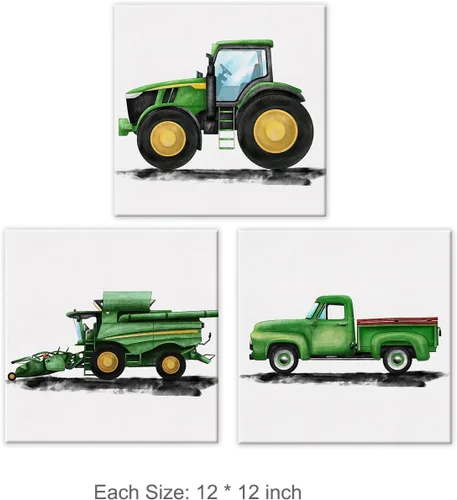 Vista 2 de Juego de 3 lienzos artísticos de tractores y vehículos agrícolas para cuarto de bebé, pinturas enmarcadas, impresiones de acuarela, viejos camiones