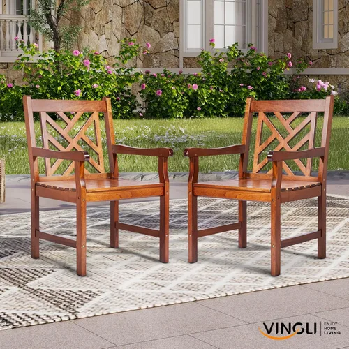 Vista 7 de VINGLI Juego de 2 sillas de comedor al aire libre, sillas de madera resistentes de 330 libras para patio con respaldo cómodo, sillas de comedor