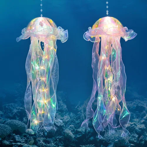 Vista 4 de Medusa iridiscente con purpurina para colgar, kit de medusas azules y moradas para decoración de fiesta de sirenita bajo el mar, decoración