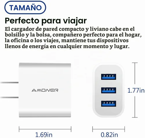 Vista 5 de Cargador de pared USB, Amoner Pack de 2 de 15W con 3 puertos USB, bloque de carga en forma de cubo para iPhone 14/13/12/11/X/XR/X/8/7/6, Galaxy