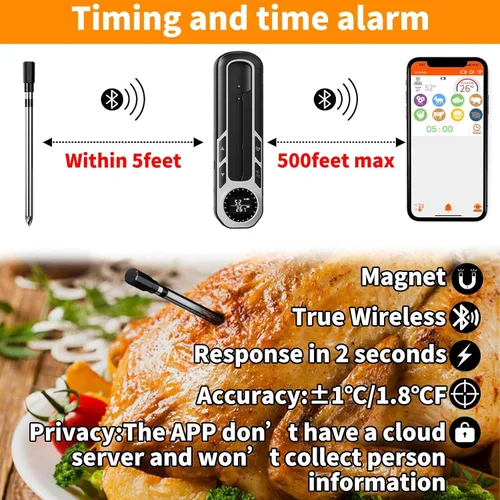 Vista 2 de Termómetro inteligente Bluetooth para carne de 500 pies con impermeabilidad IP66, termómetro de alimentos para barbacoa, termómetro inalámbrico
