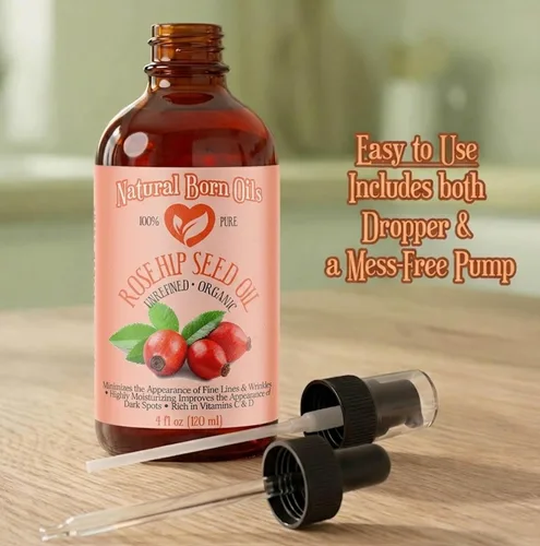 Vista 2 de Aceite de semilla de rosa mosqueta de 4 onzas, 100% puro y natural, prensado en frío, sin refinar, hidratante orgánico para piel y cabello, incluye