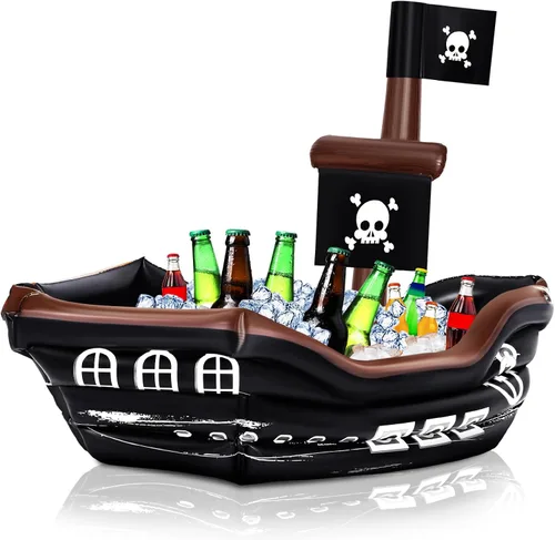 Vista 11 de Zhanmai Enfriador inflable de bebida de barco pirata, contenedor de comida inflable para verano, carnaval, Mardi Gras, fiesta de cumpleaños pirata