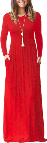 Vista 6 de GRECERELLE Vestido largo de manga larga para mujer, casual, cuello redondo, holgado, sólido floral, maxi largo con bolsillos, S-3XL A-Negro