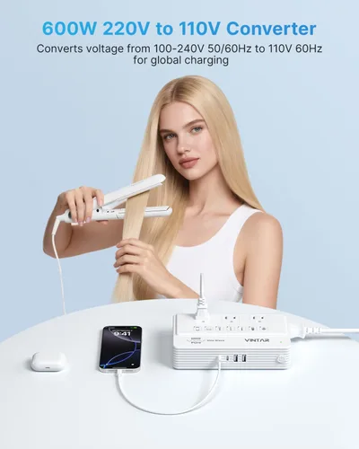 Vista 4 de VINTAR Convertidor de voltaje de onda sinusoidal pura de 600 W de 220 V a 110 V de EE. UU. a Europa, adaptador de viaje universal con enchufe