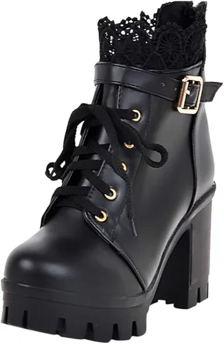 Vista 5 de Hbeylia Botas de combate de plataforma para mujer botas de cuero con encaje grueso botines de cuero gótico antideslizantes tacones altos botas