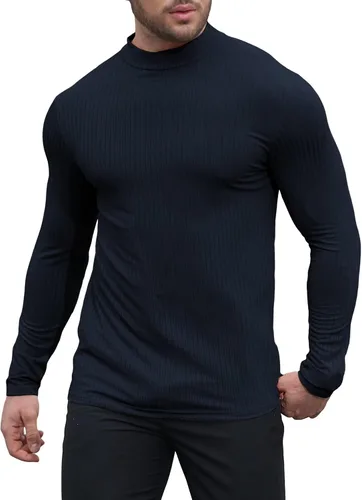 Vista 2 de Uni Clau Camisas de manga larga con cuello alto falso para hombre, camiseta térmica de punto acanalado casual