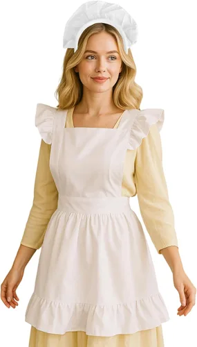 Vista 4 de Aspire delantal blanco para niñas jóvenes, estilo mucama francesa, para cocinar/Halloween, talla única , Blanco