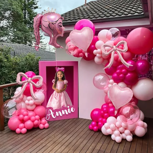 Vista 5 de Juego de globos de aluminio rosa princesa, 5 globos de lazo rosa, lámina de muñeca de corona y globos de corazón para maquillaje, cumpleaños
