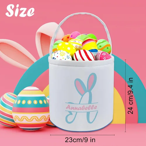 Vista 4 de Cesta de Pascua personalizada con nombre para niños, lona personalizada, cubo de Pascua, regalo para niños y niñas