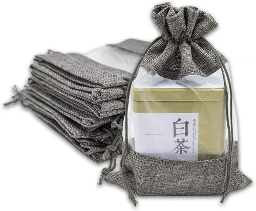 Vista 8 de TheDisplayGuys para tu vida moderna - Paquete de 12 bolsas de regalo pequeñas de arpillera de lino y organza con cordones (8.9x14 cm, gris)